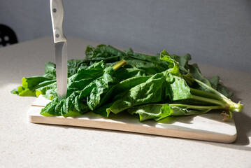 Table green rhubarb leaves and a knife