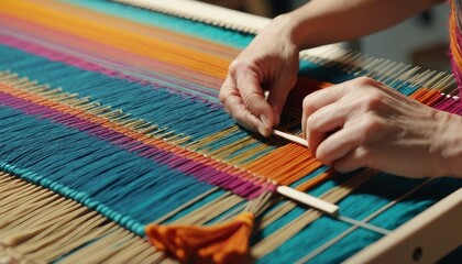 A close-up of a textile artist weaving a vibrant tapestry.