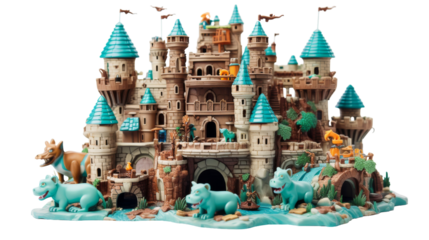 Detailed Plastic Castle Playset With Multiple Towers and Animal Figures