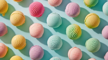 scoops of colorful ice cream balls on bright teal plain background, frozen dessert for summer treats