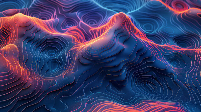 Line strokes in style of isobar map, abstract background in blue orange