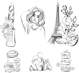 Vector Paris set with Eiffel Tower, Parisian woman, Paper cup of coffee, sweet deserts and bakery, street food. Romantic travel to France. Black silhouette for circuit