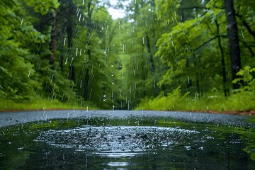 Serene Rainfall in Lush Forest: Nature's Tranquility on a Rainy Day - Perfect for Landscape, Nature Photography, and Calmness Themes
