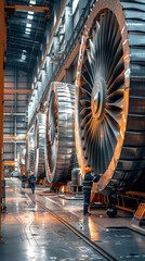 Obraz premium Large Turbines In Factory Setting illustrating the scale of industrial equipment and the precision of engineering in a modern factory.
