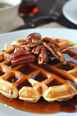 Delicious homemade waffles topped with rich caramel sauce and sprinkled with crunchy pecans, served on a rustic wooden table