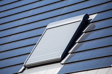 Dachfenster mit Rollladen an einem Einfamilienhaus mit Photovoltaikziegel. Photovoltaikziegel sind...