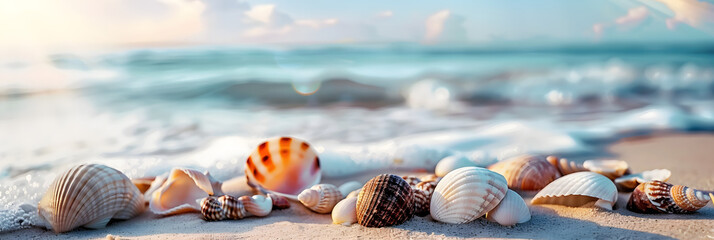 Naklejka premium On the sandy beach by the sea there are seashells scattered about It s the perfect spot for a relaxing seaside vacation with plenty of copy space image