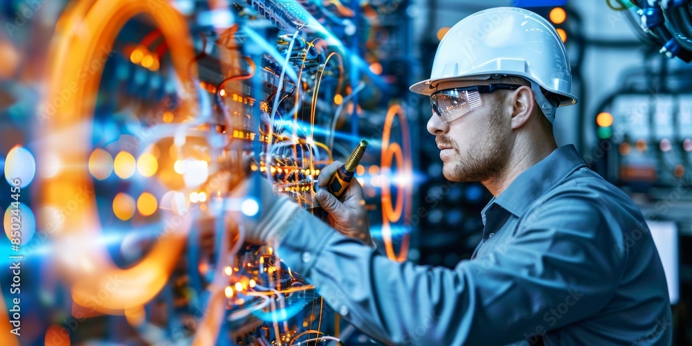 Poster Engineer working on a high-tech network system, showcasing the intricate wiring and glowing elements of advanced technological infrastructure and innovation, Generative AI