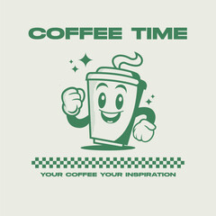 Retro cartoon style, illustration of happy coffee cup character