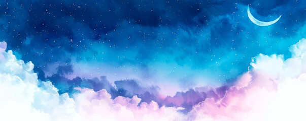 A crescent moon shines through scattered clouds in a dark night sky. Night Tales for Toddlers. Baby Background. Meditation and relaxation. Banner. Copy space