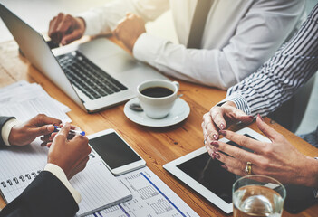 Hands, notes and laptop for project, meeting and teamwork of people, research and report for...