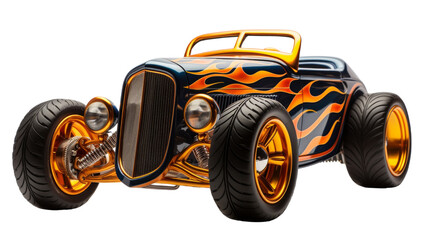 Classic Blue And Gold Hot Rod With Flame Design On White Background