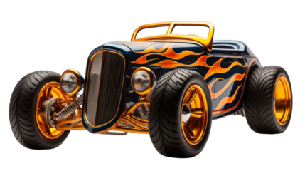 Classic Blue And Gold Hot Rod With Flame Design On White Background
