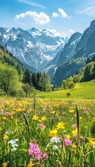 Idyllic alpine landscape  sunny spring mountain view with blooming meadows in the alps