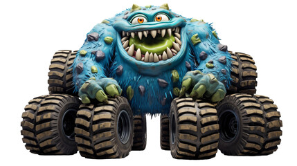 Fototapeta premium Blue Monster Plush Toy Sitting on Large Tires