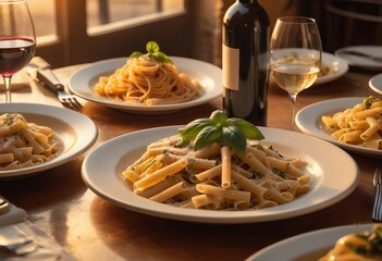 A traditional Italian trattoria with pasta dishes and wine