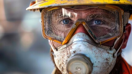 Fototapeta premium Close-up of a road worker's face with protective goggles and a dust mask