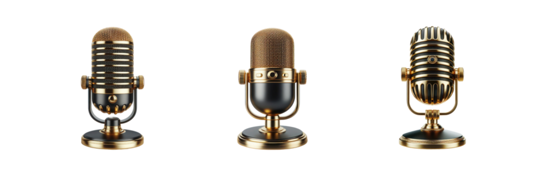 Set of golden black microphone illustration, isolated over on transparent white background