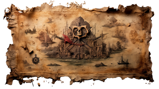 A Detailed Hand-Drawn Treasure Map Depicting A Skull And Crossbones With A Compass And Islands