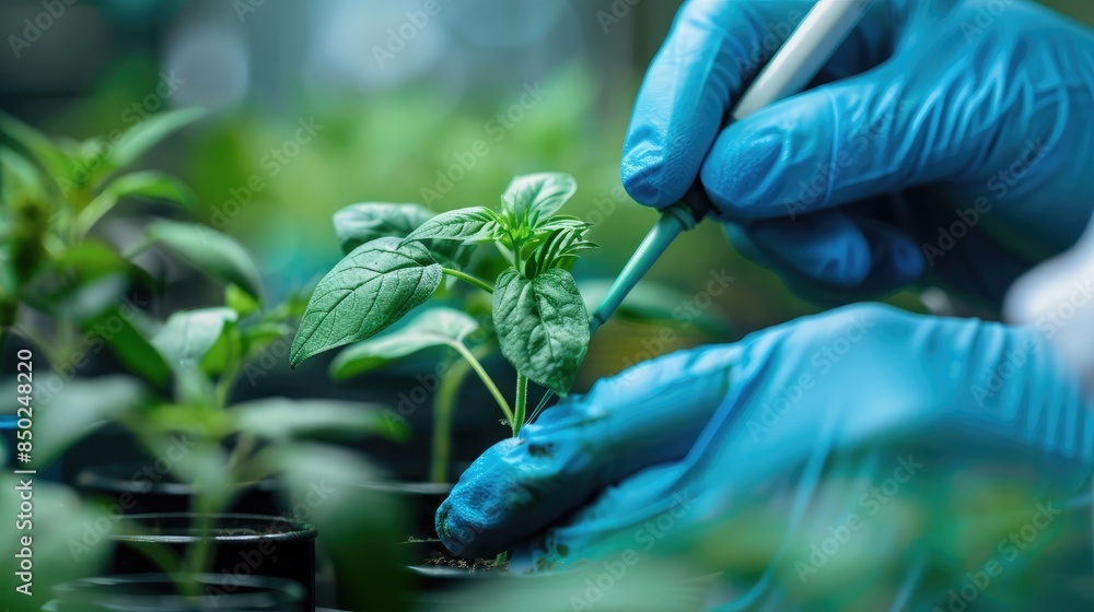 Poster close-up of a scientist using a pipette to extract plant extract in a biochemistry lab