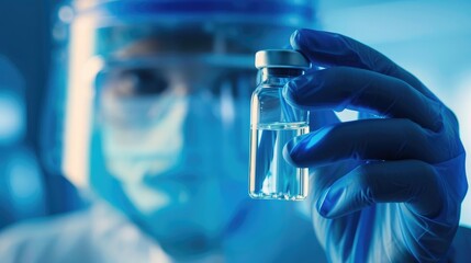 Close-up of a scientist's gloved hand holding a sample vial