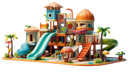 Colorful Multi-Level Playset With Slides and Palm Trees