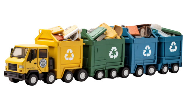 Yellow Recycling Truck With Three Compartments Filled With Waste
