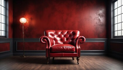 Luxury vintage red leather Armchair against dark blank Wall Interior space in a large empty room, copy space for text, copy space for text