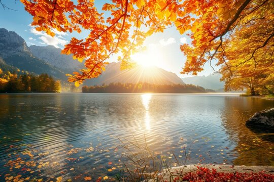 Vivid autumn sunset over hintersee lake on a sunny day, creating a breathtaking scenery