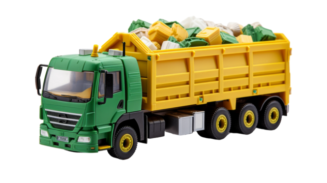 Green and Yellow Toy Dump Truck Loaded With Plastic Recycling Bins