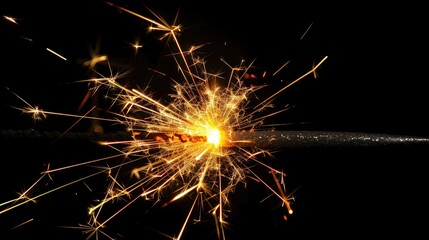 Close-up of a sparkler burning with bright sparks against a black background