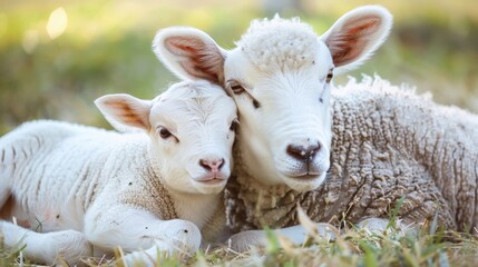 Obraz premium Two cute lambs lying on green grass field