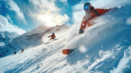 Snowboarder Riding Down Sunlit Snowy Slope