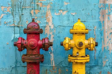 Fototapeta premium Fire hydrants by the wall