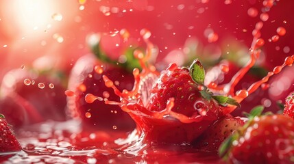 Close-up of a strawberry juice splash around fresh strawberries