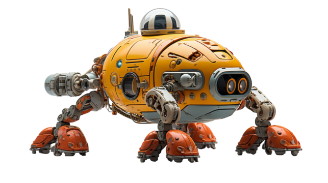 Futuristic Yellow Robot With Multiple Legs and Glowing Eyes