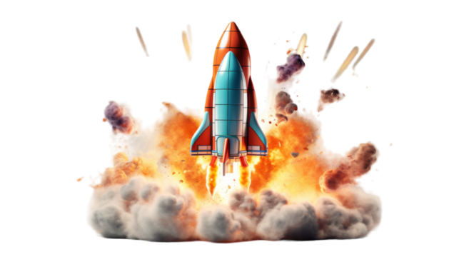 Red And Blue Rocket Launching Through Smoke And Fire