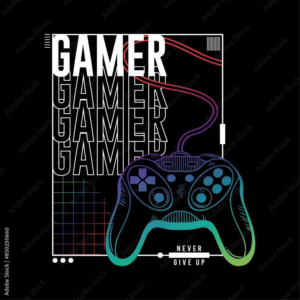 Aufkleber textile print design with typo and gamepad drawing as vector