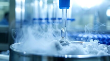 Vial with dry ice for cryopreservation. Cryosample of stem cells in culture medium with cryoprotector DNA sequencing CRISPR genome research liquid nitrogen test tubes stem cell