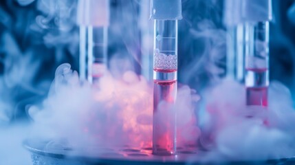 Vial with dry ice for cryopreservation. Cryosample of stem cells in culture medium with cryoprotector DNA sequencing CRISPR genome research liquid nitrogen test tubes stem cell