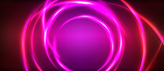 Neon glowing circle rays, light round lines in the dark, planet style neon wave lines. Energetic electric concept design for wallpaper, banner, background