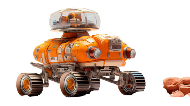 Orange Planetary Rover Exploring Red Martian Landscape