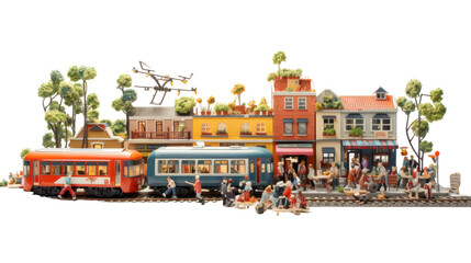 Obraz premium Miniature Model Train Passing Through a Detailed Cityscape With Overhead Drone