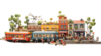 Miniature Model Train Passing Through a Detailed Cityscape With Overhead Drone