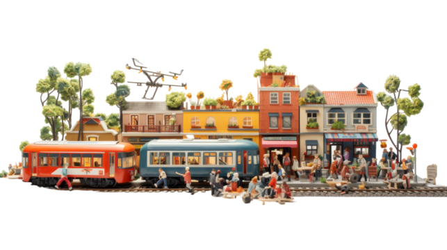 Miniature Model Train Passing Through a Detailed Cityscape With Overhead Drone