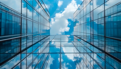 Obraz premium Beautiful view high office building with glass mirrored walls construction