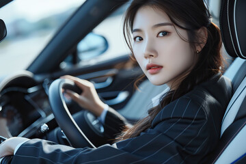 Beautiful young Korean businesswoman driving a car.