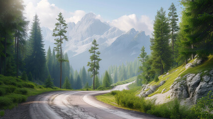 Mountain road in the forest. Summer landscape.