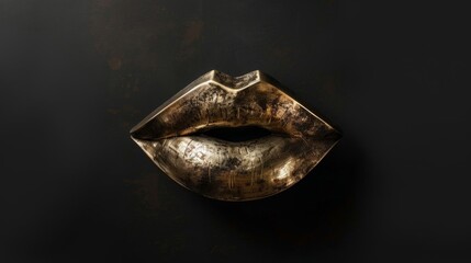 Artistic shot of a mouth made from brass, set against a deep black background