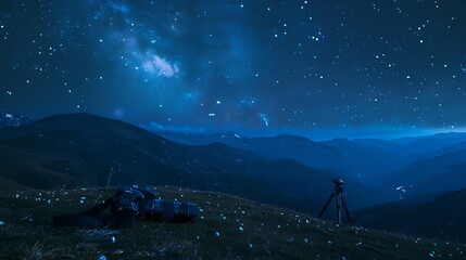 Fototapeta premium Camera: A camera lies on a grassy hilltop, next to a tripod and a pair of binoculars, under the vast expanse of a starry night sky in the wildernes